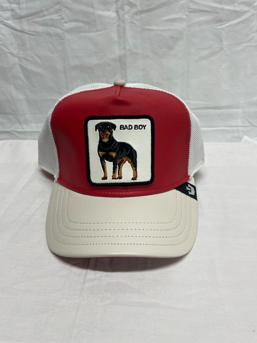 Goorin Bros Red & White Leather BAD BOY Dog Embroidered Trucker Snapback Hat NWT